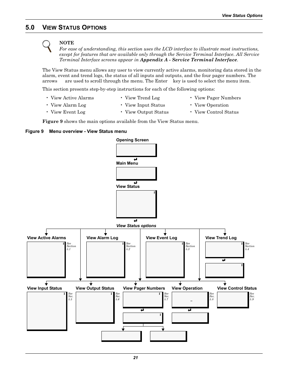 0 view status options, Figure 9 menu overview - view status menu, Tatus | Ptions, Figure 9, Menu overview - view status menu, Sections 5.0 | Emerson Autochangeover Controllers AC8 User Manual | Page 29 / 128