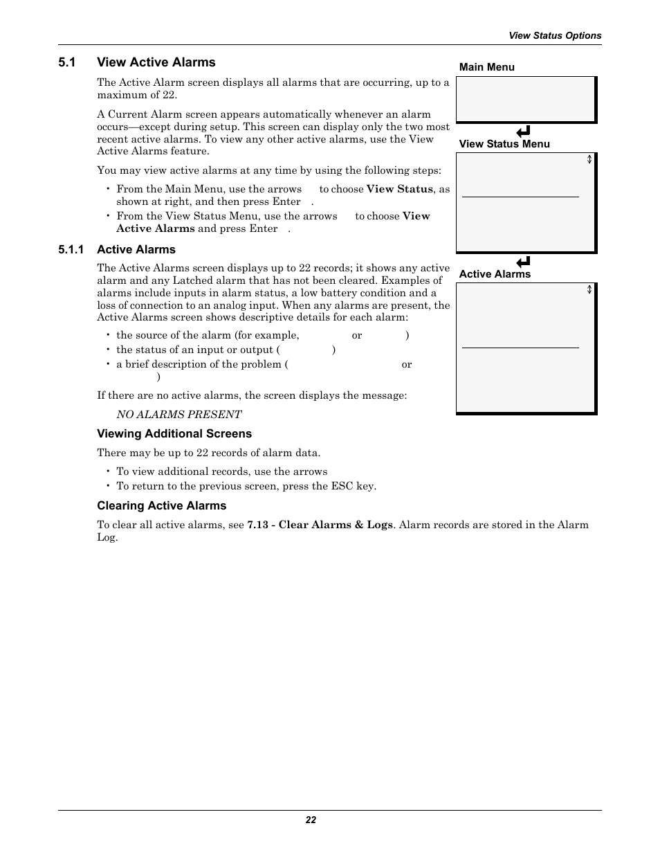 1 view active alarms, 1 active alarms, Viewing additional screens | Clearing active alarms, View active alarms, Active alarms | Emerson Autochangeover Controllers AC8 User Manual | Page 30 / 128