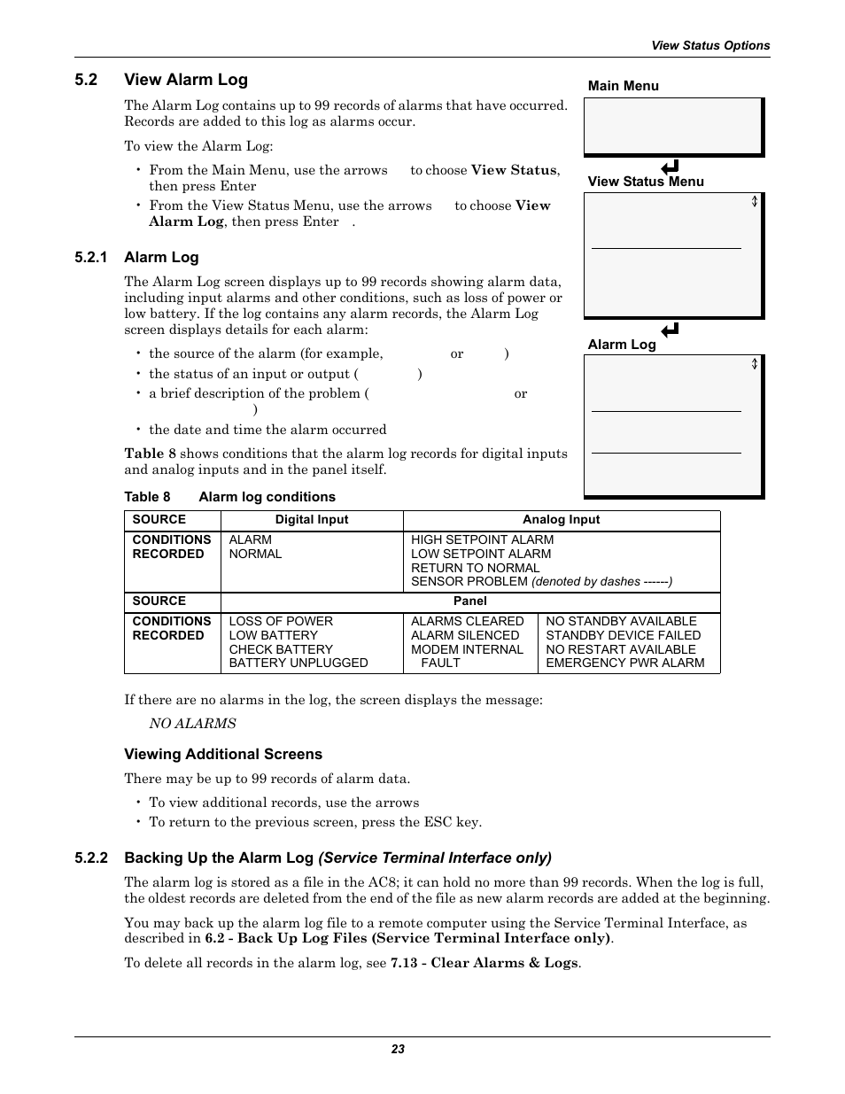 2 view alarm log, 1 alarm log, Table 8 alarm log conditions | Viewing additional screens, View alarm log, Alarm log, Backing up the alarm log (service terminal, Table 8, Alarm log conditions | Emerson Autochangeover Controllers AC8 User Manual | Page 31 / 128