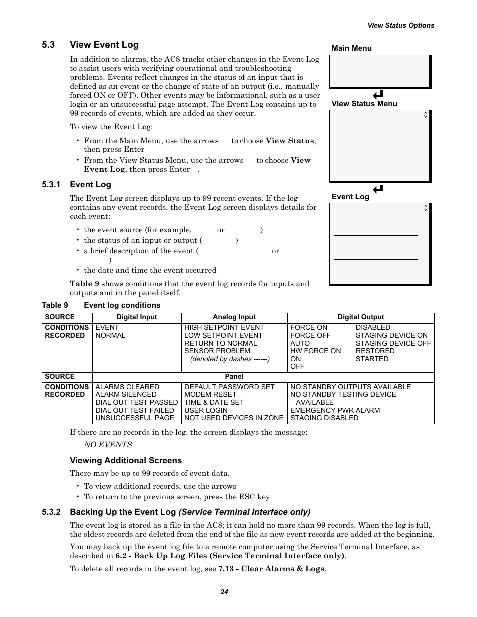 3 view event log, 1 event log, Table 9 event log conditions | Viewing additional screens, View event log, Event log, Backing up the event log, Table 9, Event log conditions | Emerson Autochangeover Controllers AC8 User Manual | Page 32 / 128
