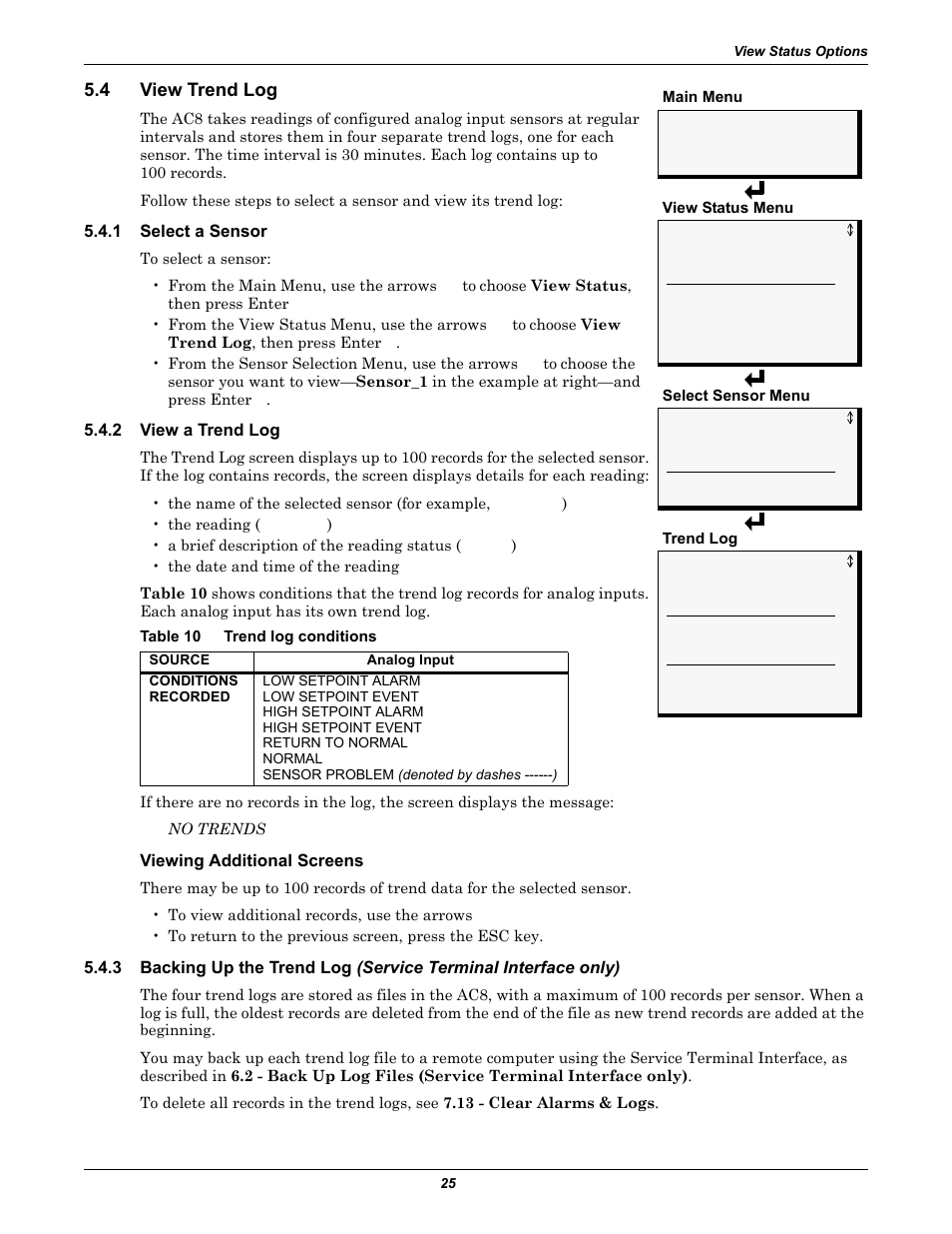 4 view trend log, 1 select a sensor, 2 view a trend log | Table 10 trend log conditions, Viewing additional screens, View trend log, Select a sensor, View a trend log, Backing up the trend log, Table 10 | Emerson Autochangeover Controllers AC8 User Manual | Page 33 / 128