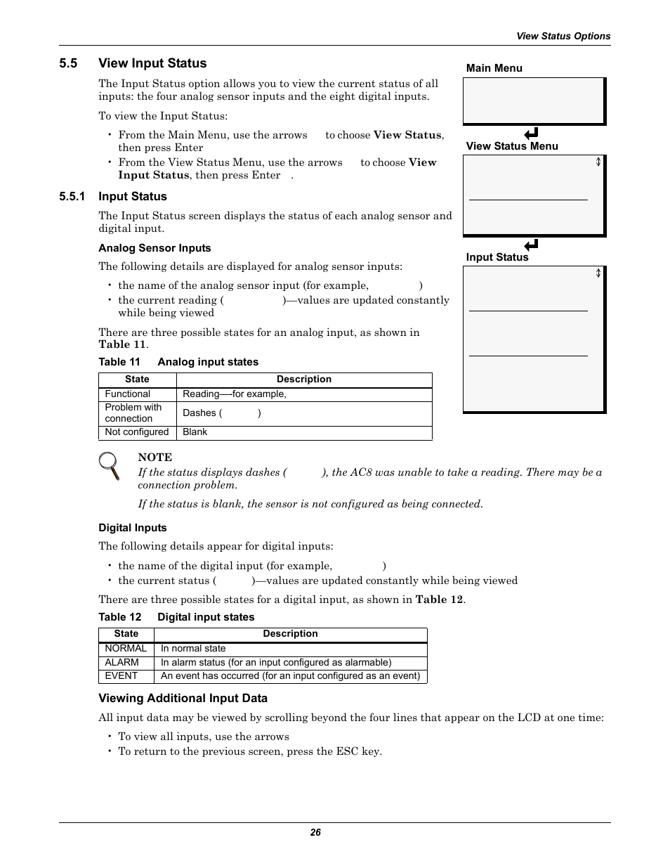 5 view input status, 1 input status, Table 11 analog input states | Table 12 digital input states, Viewing additional input data, View input status, Input status, Table 11, Analog input states, Table 12 | Emerson Autochangeover Controllers AC8 User Manual | Page 34 / 128