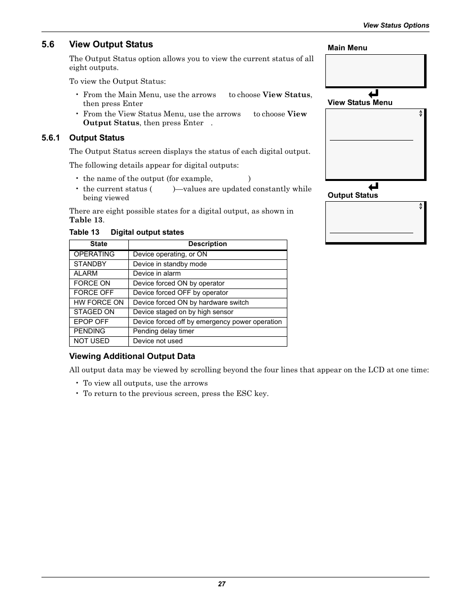 6 view output status, 1 output status, Table 13 digital output states | Viewing additional output data, View output status, Output status, Table 13, Digital output states | Emerson Autochangeover Controllers AC8 User Manual | Page 35 / 128