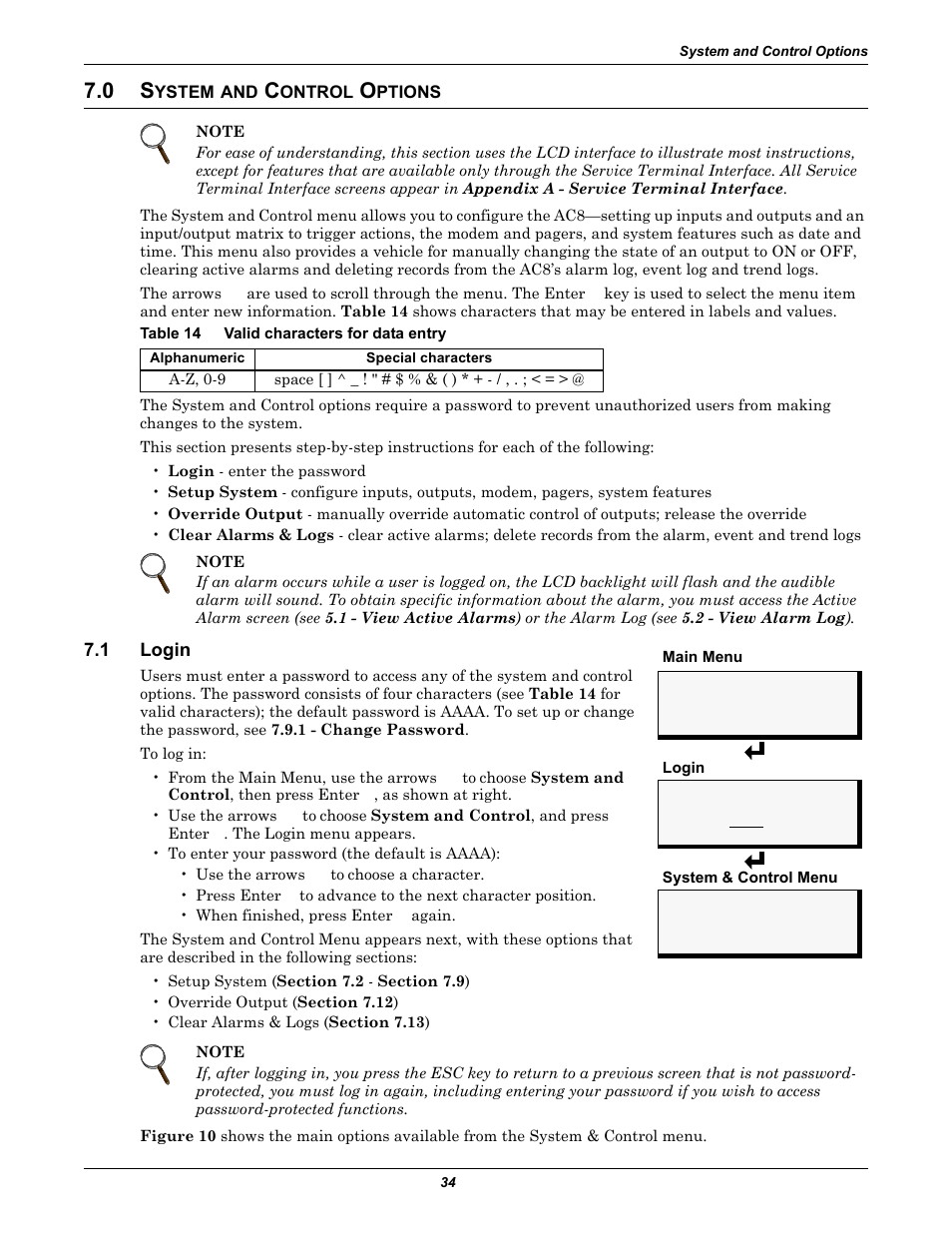 0 system and control options, Table 14 valid characters for data entry, 1 login | Ystem, Ontrol, Ptions, Login, Table 14, Valid characters for data entry, 0 . t | Emerson Autochangeover Controllers AC8 User Manual | Page 42 / 128