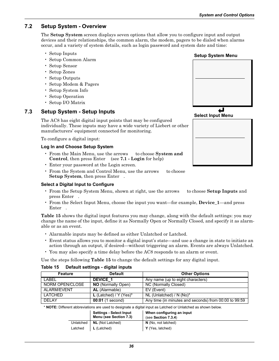 2 setup system - overview, 3 setup system - setup inputs, Table 15 default settings - digital inputs | Setup system - overview, Setup system - setup inputs, Table 15, Default settings - digital inputs, Setup system, Setup inputs | Emerson Autochangeover Controllers AC8 User Manual | Page 44 / 128