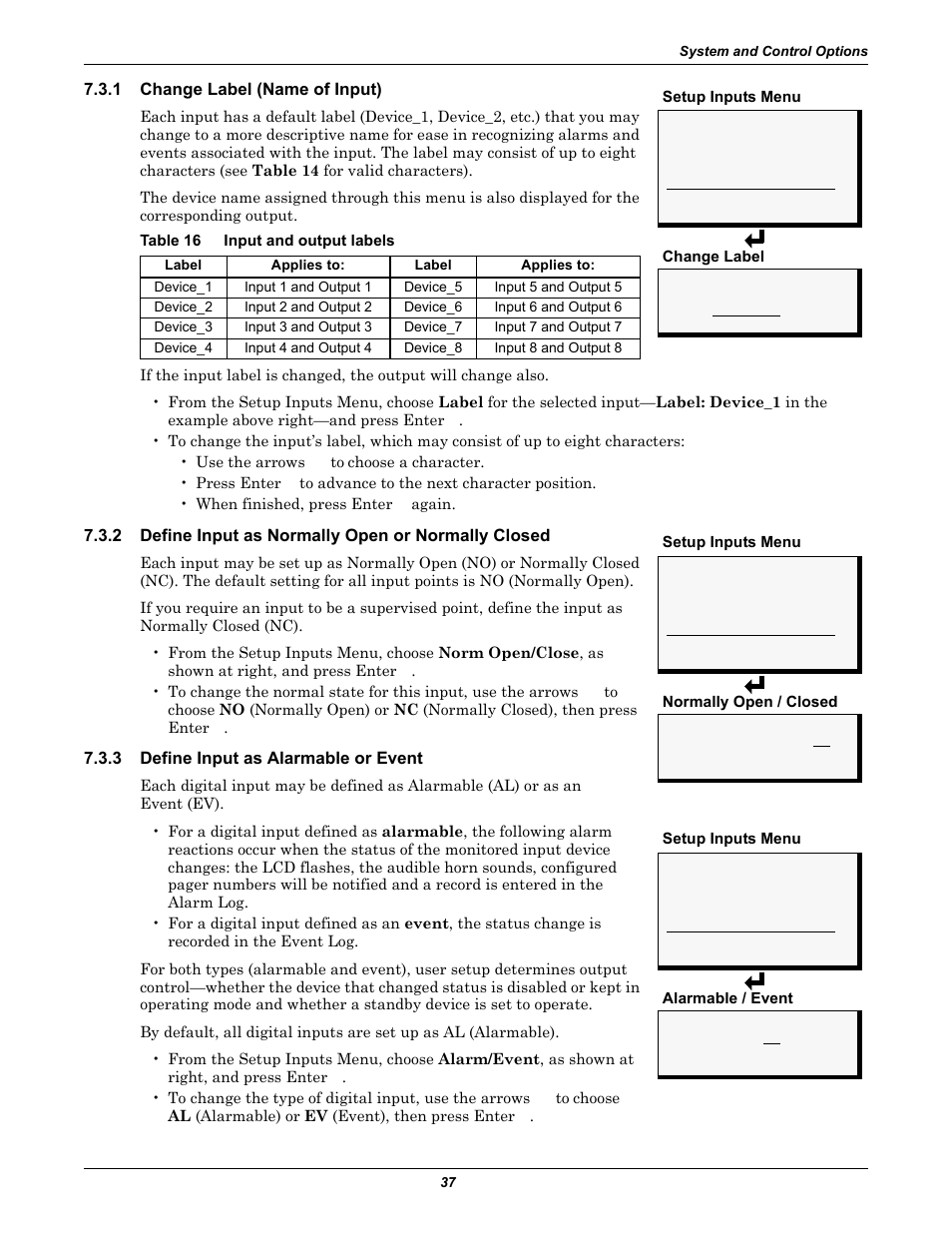 1 change label (name of input), Table 16 input and output labels, 2 define input as normally open or normally closed | 3 define input as alarmable or event, Change label (name of input), Define input as normally open or normally closed, Define input as alarmable or event, Table 16, Input and output labels | Emerson Autochangeover Controllers AC8 User Manual | Page 45 / 128