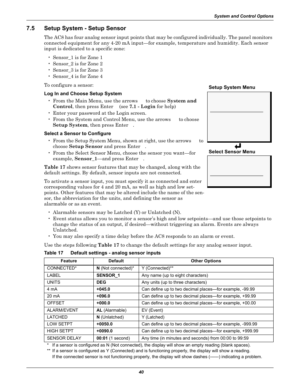 5 setup system - setup sensor, Table 17 default settings - analog sensor inputs, Setup system - setup sensor | Table 17, Default settings - analog sensor inputs, Setup sensor | Emerson Autochangeover Controllers AC8 User Manual | Page 48 / 128