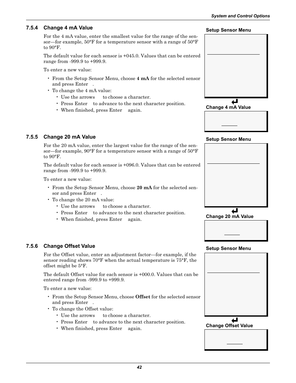 4 change 4 ma value, 5 change 20 ma value, 6 change offset value | Change 4 ma value, Change 20 ma value, Change offset value | Emerson Autochangeover Controllers AC8 User Manual | Page 50 / 128