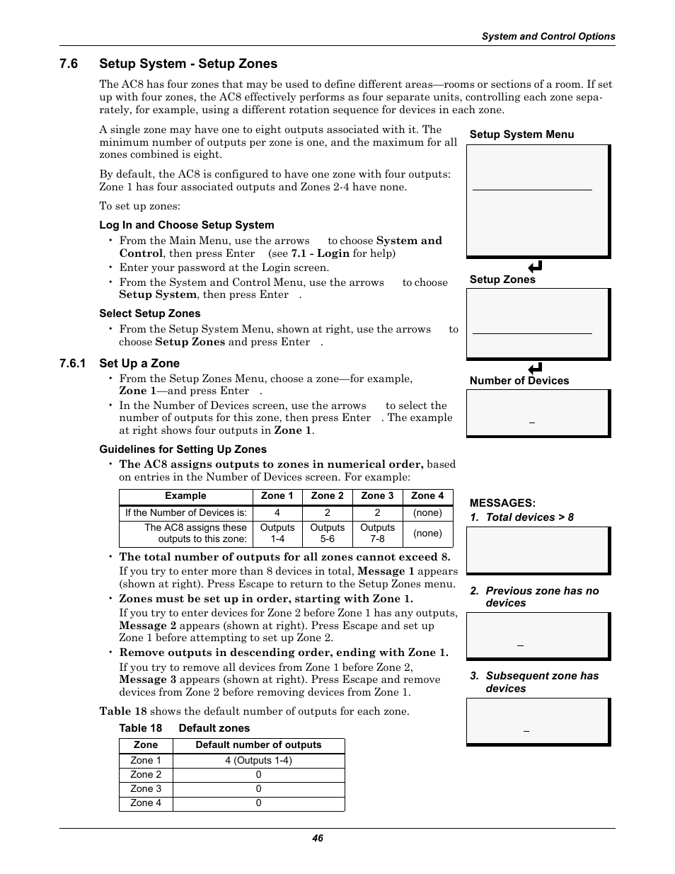 6 setup system - setup zones, 1 set up a zone, Table 18 default zones | Setup system - setup zones, Set up a zone, Table 18, Default zones | Emerson Autochangeover Controllers AC8 User Manual | Page 54 / 128