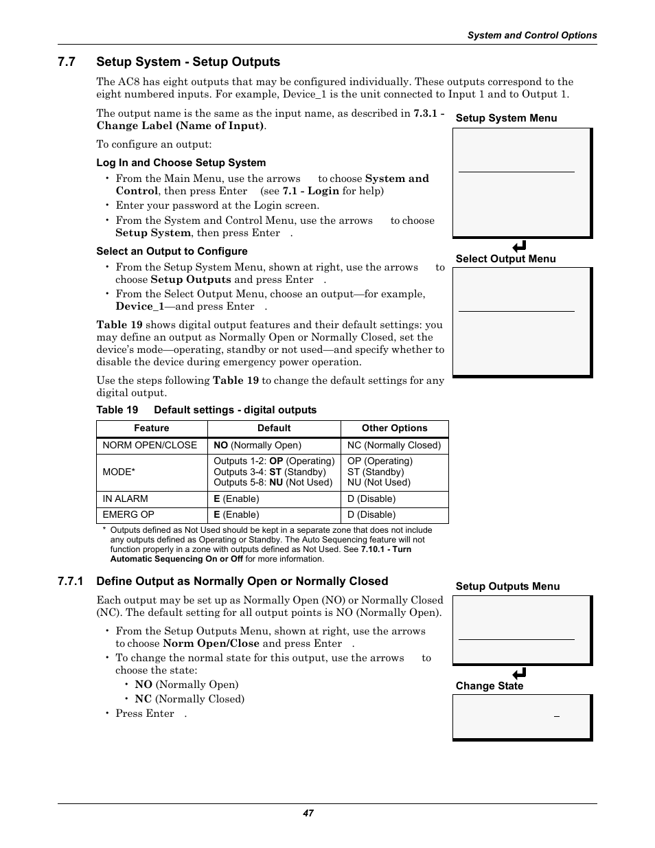7 setup system - setup outputs, Table 19 default settings - digital outputs, Setup system - setup outputs | Define output as normally open or normally closed, Table 19, Default settings - digital outputs | Emerson Autochangeover Controllers AC8 User Manual | Page 55 / 128