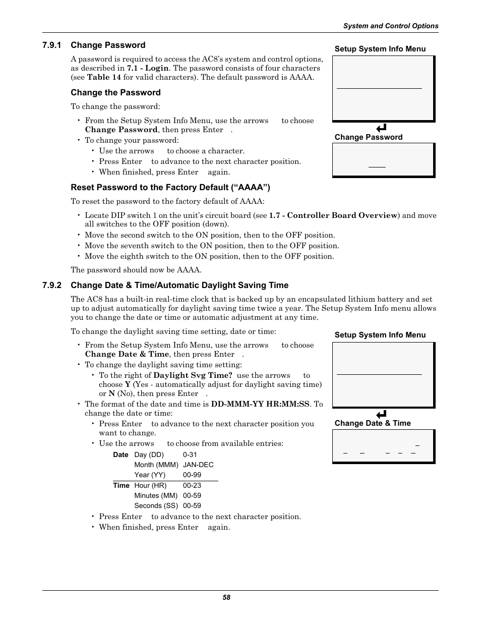 1 change password, Change the password, Reset password to the factory default (“aaaa”) | Change password, Change date & time/automatic daylight saving time | Emerson Autochangeover Controllers AC8 User Manual | Page 66 / 128
