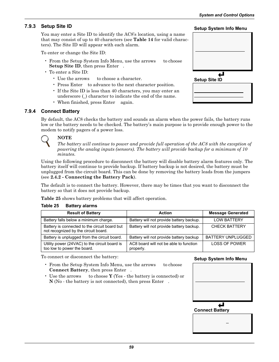 3 setup site id, 4 connect battery, Table 25 battery alarms | Setup site id, Connect battery, Table 25, Battery alarms | Emerson Autochangeover Controllers AC8 User Manual | Page 67 / 128