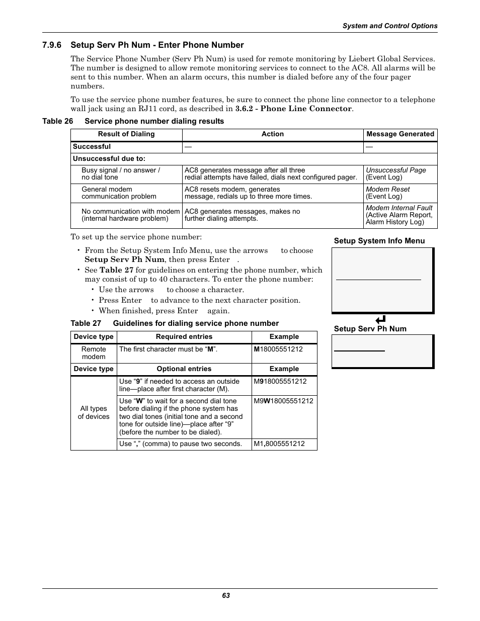 6 setup serv ph num - enter phone number, Table 26 service phone number dialing results, Setup serv ph num - enter phone number | Table 26, Service phone number dialing results, Table 27, Guidelines for dialing service phone number, Setup serv ph num - enter, Phone number | Emerson Autochangeover Controllers AC8 User Manual | Page 71 / 128