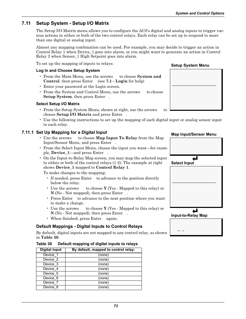 11 setup system - setup i/o matrix, 1 set up mapping for a digital input, Setup system - setup i/o matrix | Table 30, Default mapping of digital inputs to relays | Emerson Autochangeover Controllers AC8 User Manual | Page 81 / 128