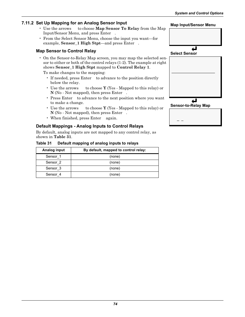 2 set up mapping for an analog sensor input, Map sensor to control relay, Default mappings - analog inputs to control relays | Table 31, Default mapping of analog inputs to relays | Emerson Autochangeover Controllers AC8 User Manual | Page 82 / 128