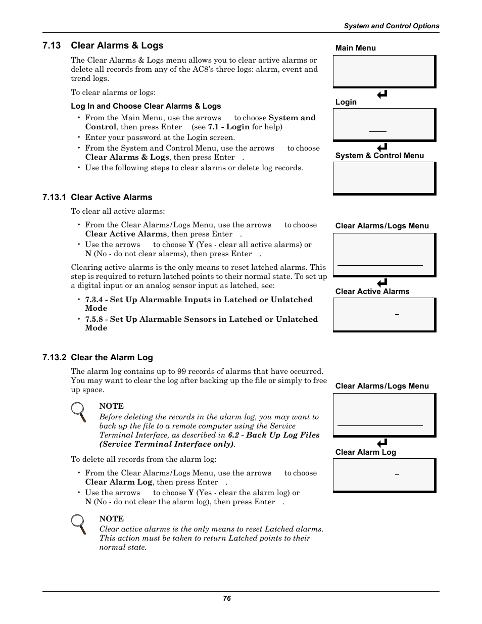 13 clear alarms & logs, 1 clear active alarms, 2 clear the alarm log | Clear alarms & logs, 1 clear active alarms 7.13.2 clear the alarm log, Clear the alarm log | Emerson Autochangeover Controllers AC8 User Manual | Page 84 / 128