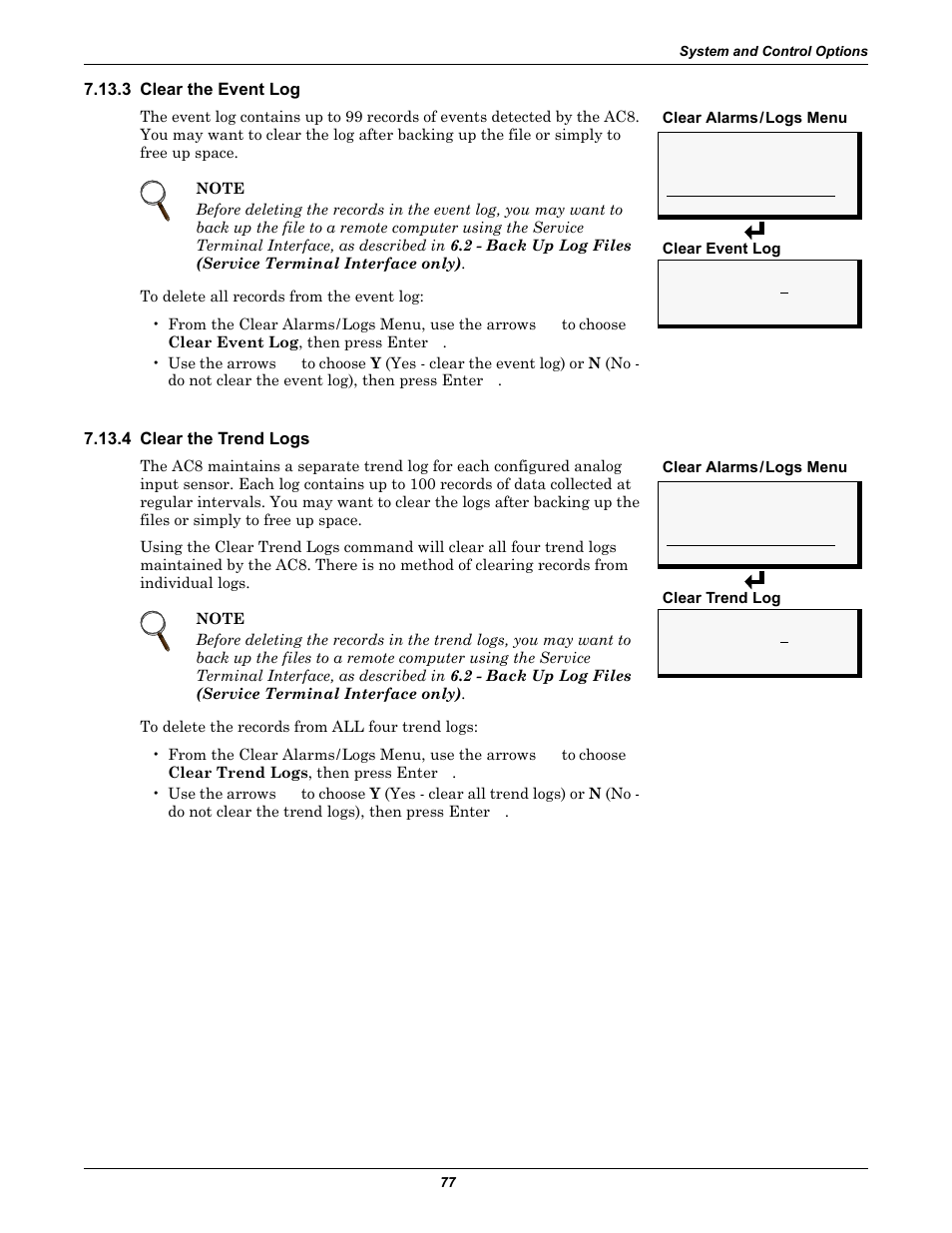 3 clear the event log, 4 clear the trend logs, 3 clear the event log 7.13.4 clear the trend logs | Clear the event log, Clear the trend logs | Emerson Autochangeover Controllers AC8 User Manual | Page 85 / 128