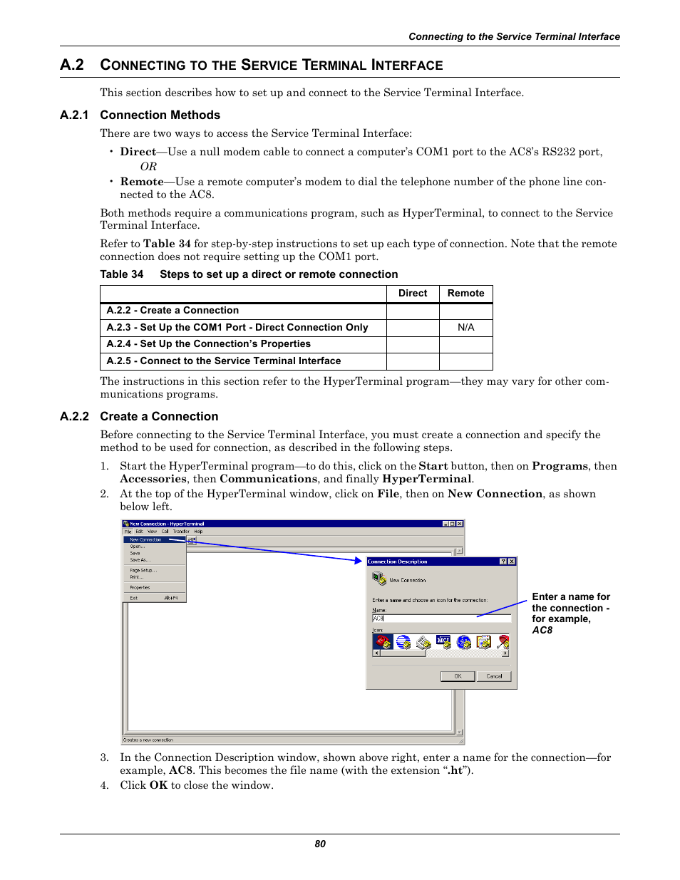 A.2 connecting to the service terminal interface, A.2.1 connection methods, A.2.2 create a connection | Connecting to the service terminal interface, A.2.1, Connection methods, A.2.2, Create a connection, Table 34, Steps to set up a direct or remote connection | Emerson Autochangeover Controllers AC8 User Manual | Page 88 / 128