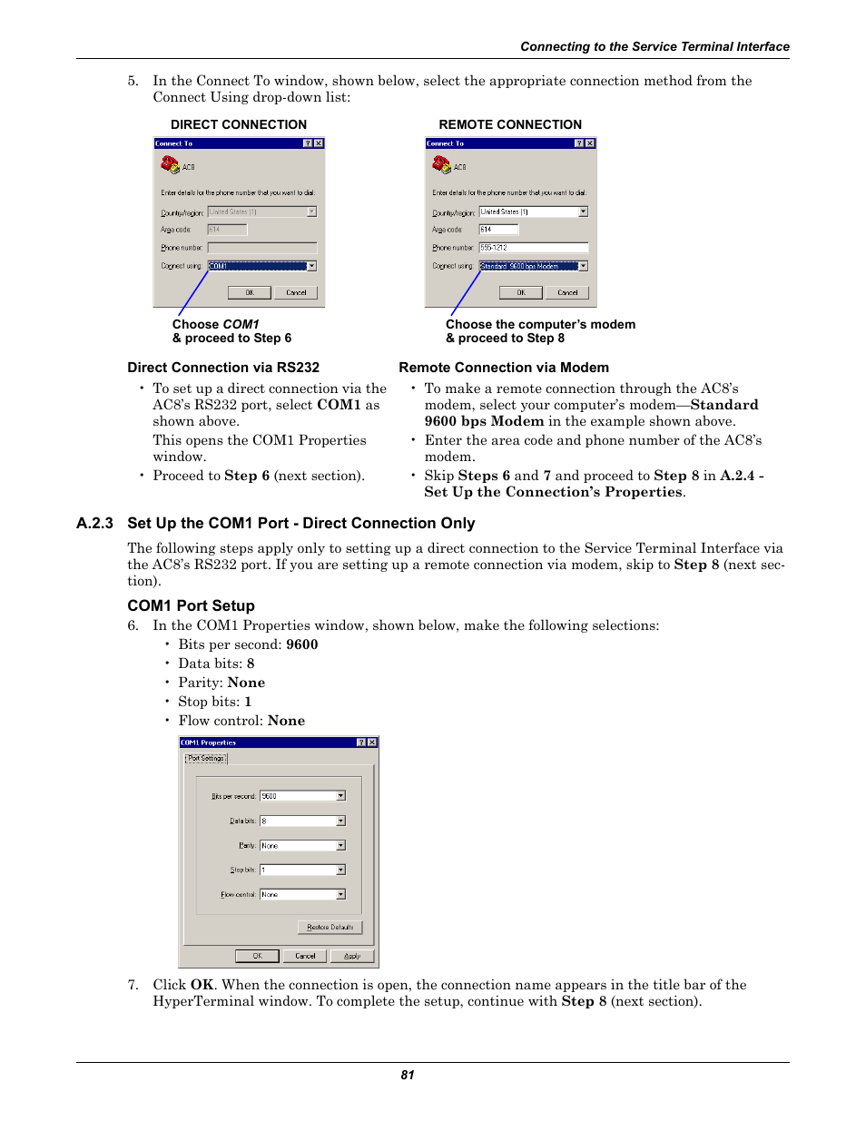 Com1 port setup, A.2.3, Set up the com1 port - direct connection only | Emerson Autochangeover Controllers AC8 User Manual | Page 89 / 128