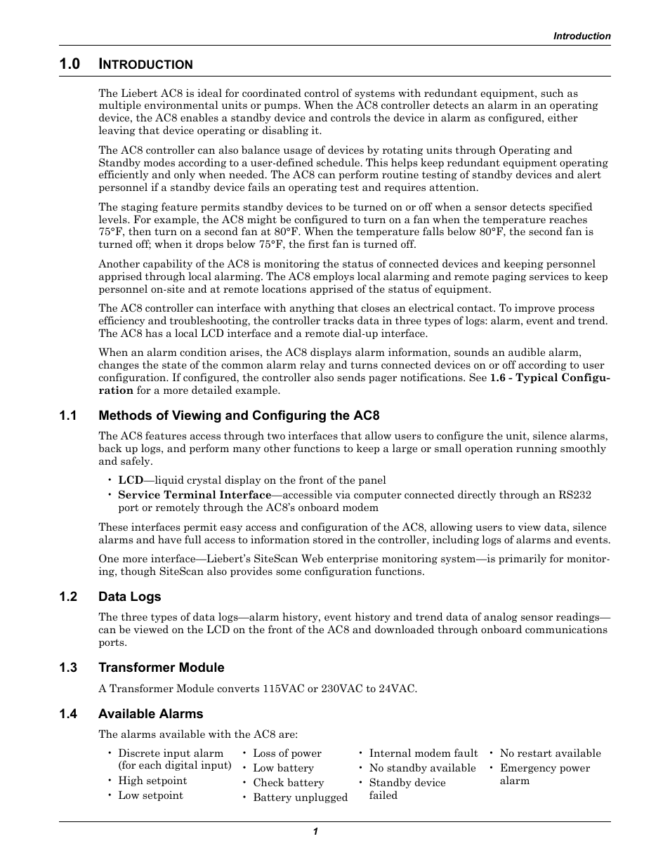 0 introduction, 1 methods of viewing and configuring the ac8, 2 data logs | 3 transformer module, 4 available alarms, Ntroduction, Methods of viewing and configuring the ac8, Data logs, Transformer module, Available alarms | Emerson Autochangeover Controllers AC8 User Manual | Page 9 / 128