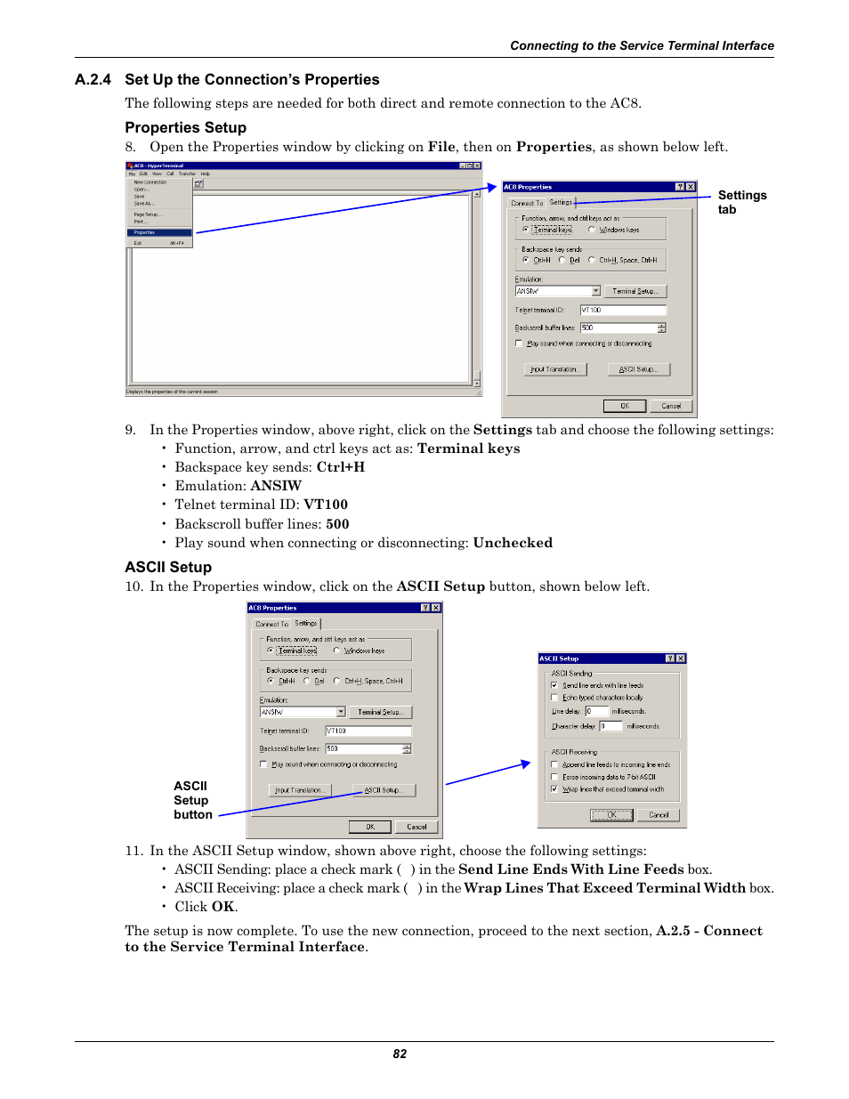 A.2.4 set up the connection’s properties, Properties setup, Ascii setup | A.2.4, Set up the connection’s properties | Emerson Autochangeover Controllers AC8 User Manual | Page 90 / 128
