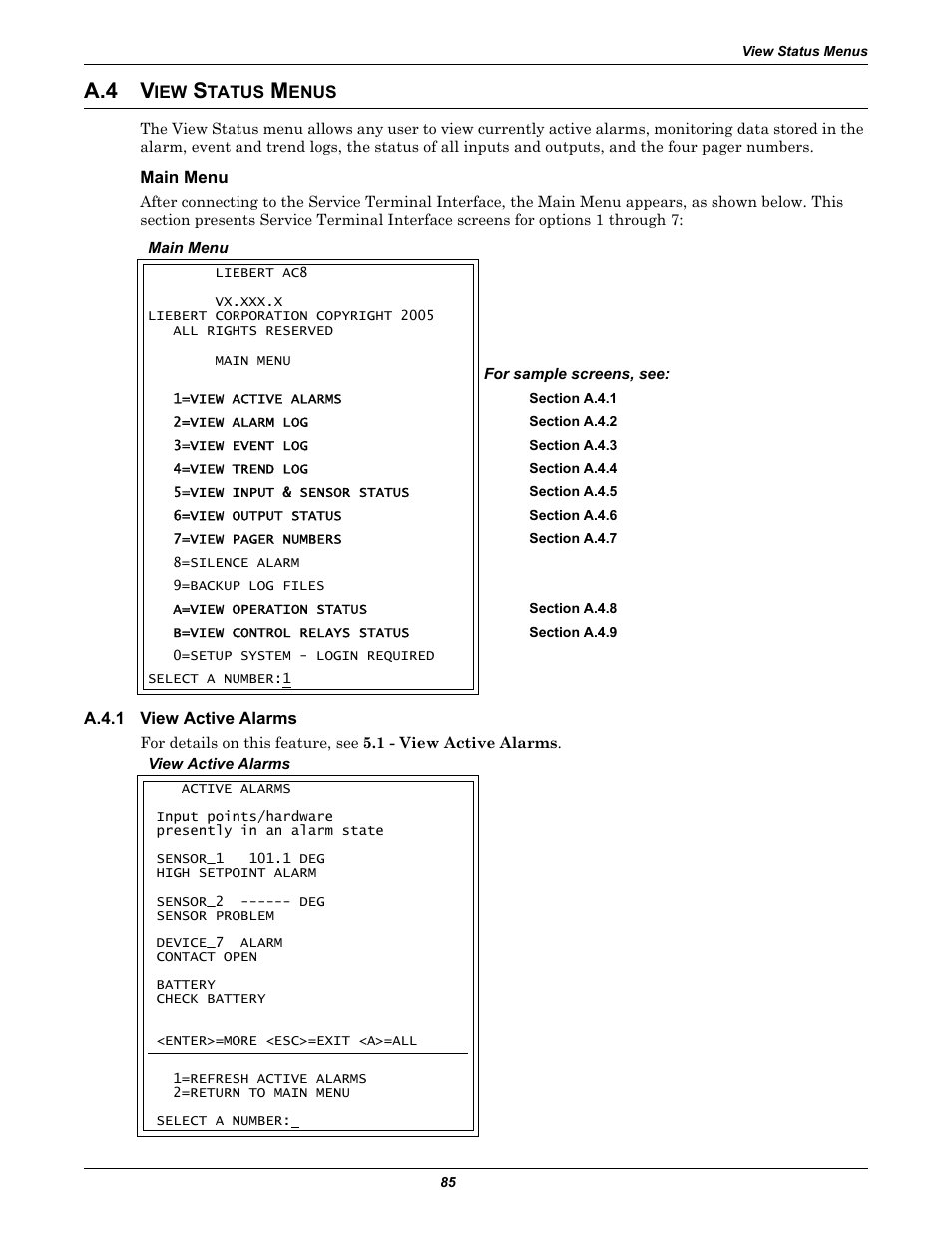 A.4 view status menus, Main menu, A.4.1 view active alarms | View status menus, A.4.1, View active alarms, A.4 v | Emerson Autochangeover Controllers AC8 User Manual | Page 93 / 128