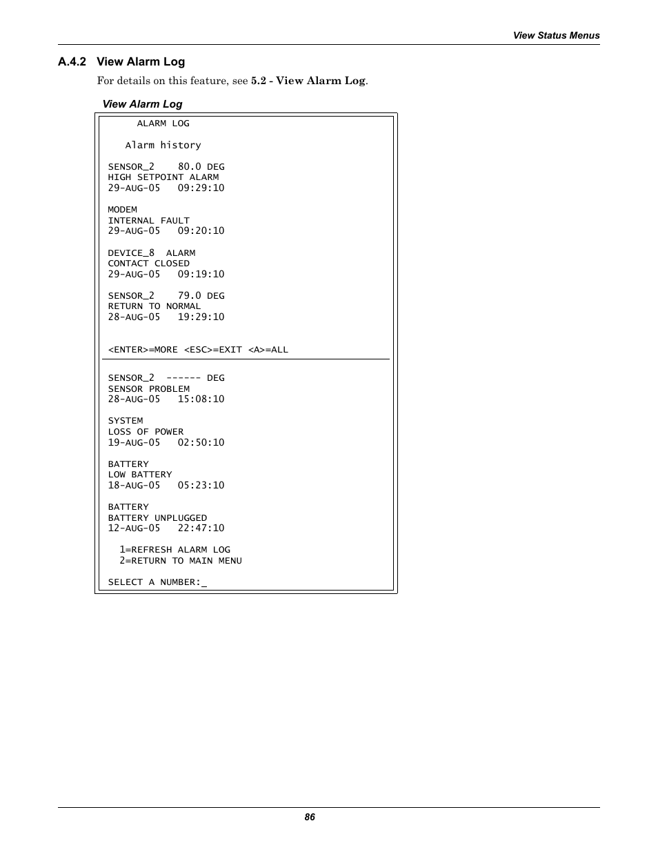 A.4.2 view alarm log, A.4.2, View alarm log | Section a.4.2 | Emerson Autochangeover Controllers AC8 User Manual | Page 94 / 128