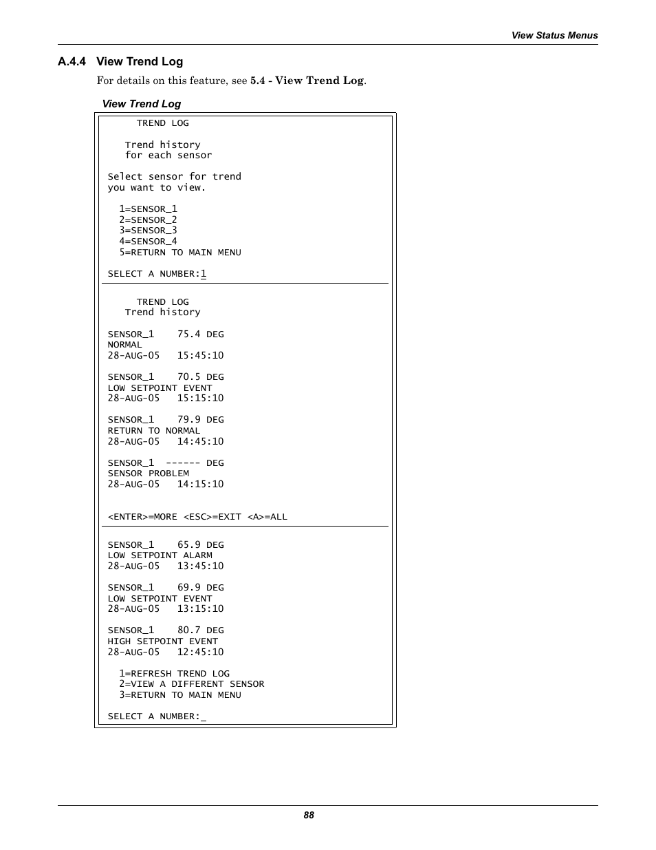 A.4.4 view trend log, A.4.4, View trend log | Section a.4.4 | Emerson Autochangeover Controllers AC8 User Manual | Page 96 / 128