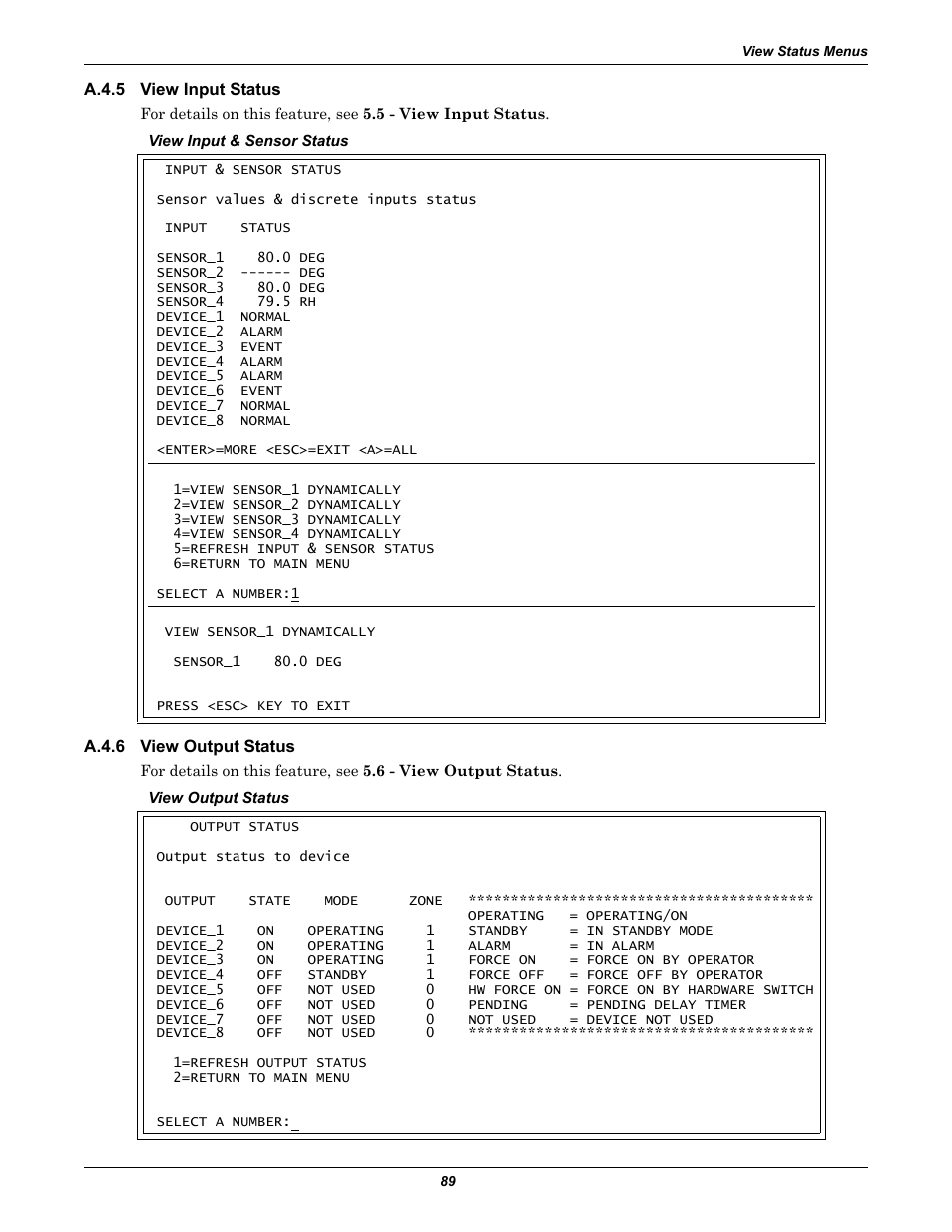 A.4.5 view input status, A.4.6 view output status, A.4.5 | View input status, A.4.6, View output status, Section a.4.5, Section a.4.6 | Emerson Autochangeover Controllers AC8 User Manual | Page 97 / 128