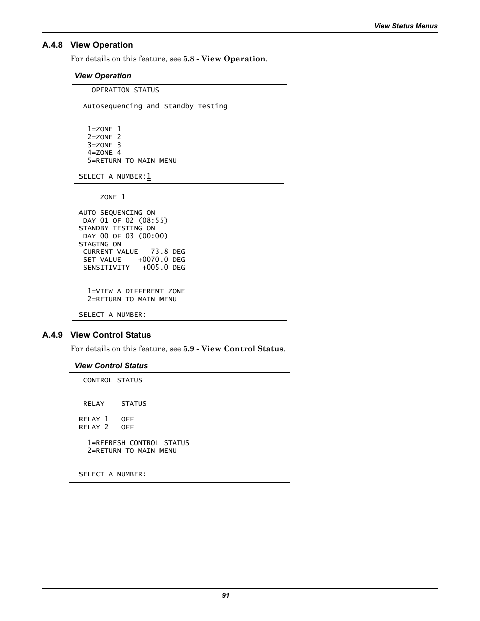 A.4.8 view operation, A.4.9 view control status, A.4.8 | View operation, A.4.9, View control status, Section a.4.8, Section a.4.9 | Emerson Autochangeover Controllers AC8 User Manual | Page 99 / 128