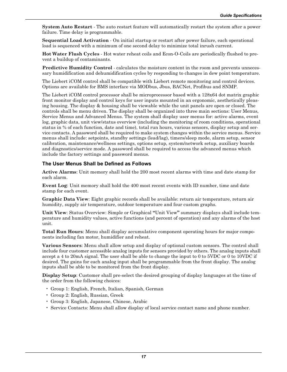 The user menus shall be defined as follows | Emerson Liebert CW User Manual | Page 21 / 28