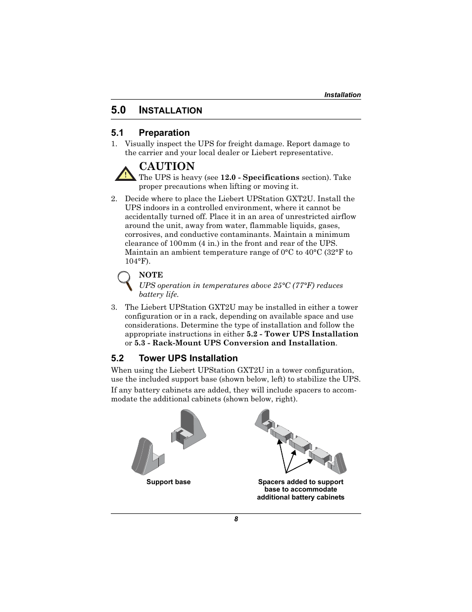 0 installation, 1 preparation, 2 tower ups installation | Nstallation, Preparation, Tower ups installation, Caution | Emerson Liebert UPStation GXT2U User Manual | Page 12 / 40