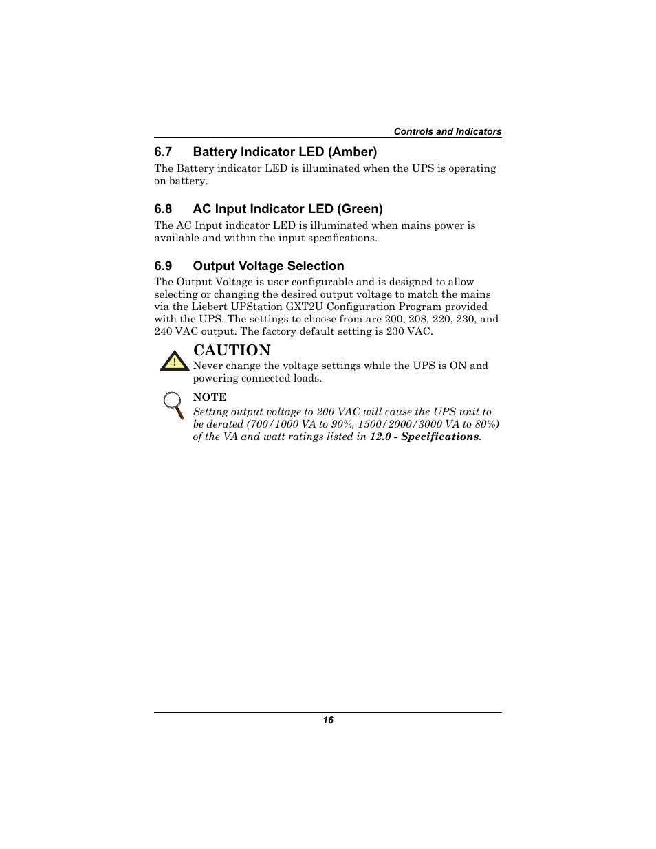 7 battery indicator led (amber), 8 ac input indicator led (green), 9 output voltage selection | Battery indicator led (amber), Ac input indicator led (green), Output voltage selection, Caution | Emerson Liebert UPStation GXT2U User Manual | Page 20 / 40