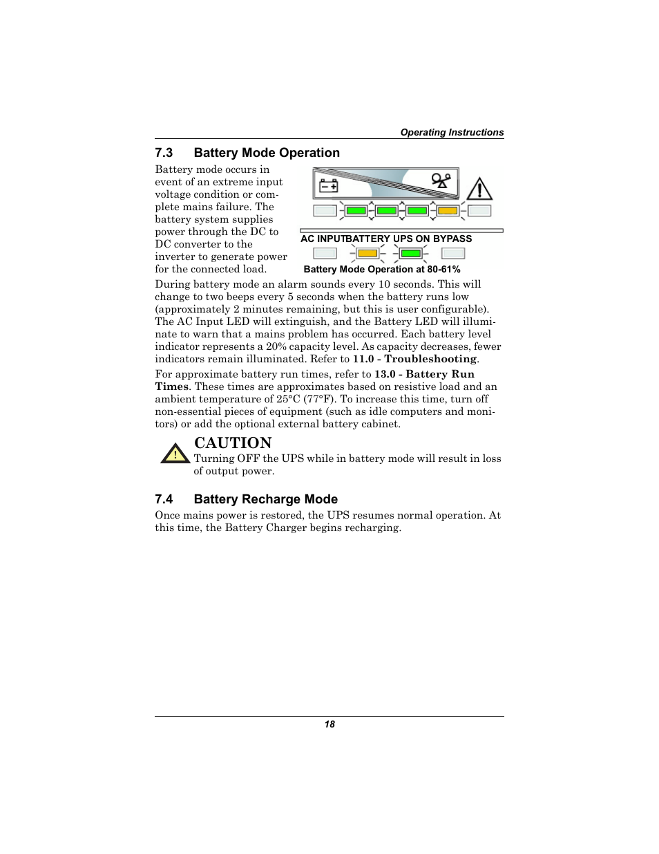 3 battery mode operation, 4 battery recharge mode, Battery mode operation | Battery recharge mode, Caution | Emerson Liebert UPStation GXT2U User Manual | Page 22 / 40