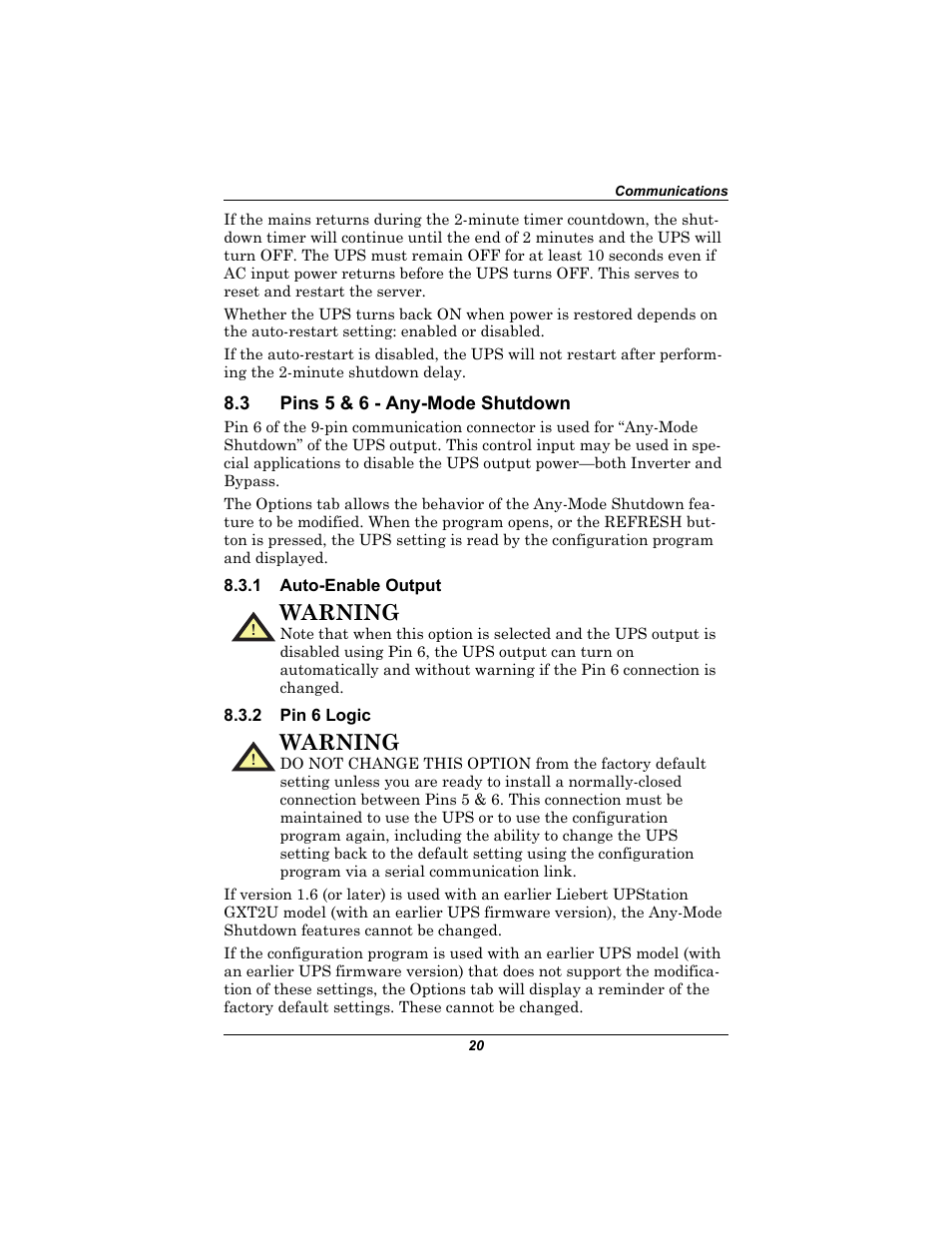 3 pins 5 & 6 - any-mode shutdown, 1 auto-enable output, 2 pin 6 logic | Pins 5 & 6 - any-mode shutdown, Auto-enable output, Pin 6 logic, Warning | Emerson Liebert UPStation GXT2U User Manual | Page 24 / 40