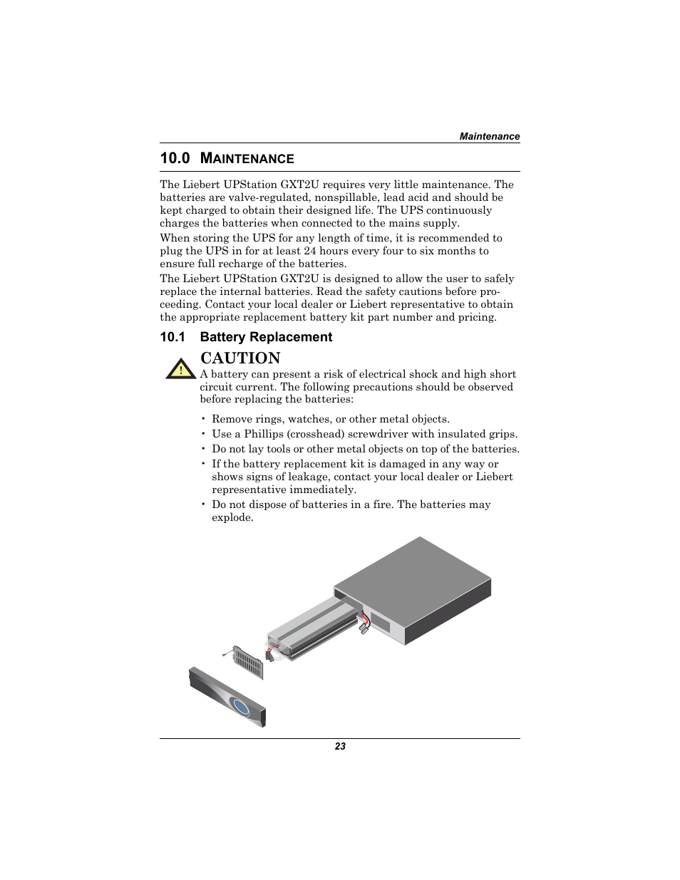 0 maintenance, 1 battery replacement, Aintenance | Battery replacement, Caution | Emerson Liebert UPStation GXT2U User Manual | Page 27 / 40