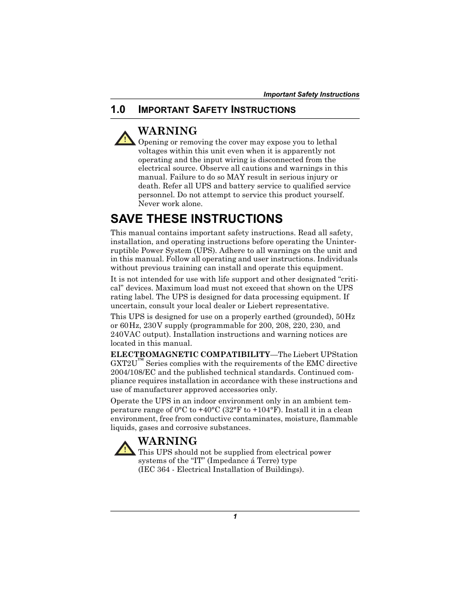 0 important safety instructions, Mportant, Afety | Nstructions, Save these instructions, Warning | Emerson Liebert UPStation GXT2U User Manual | Page 5 / 40