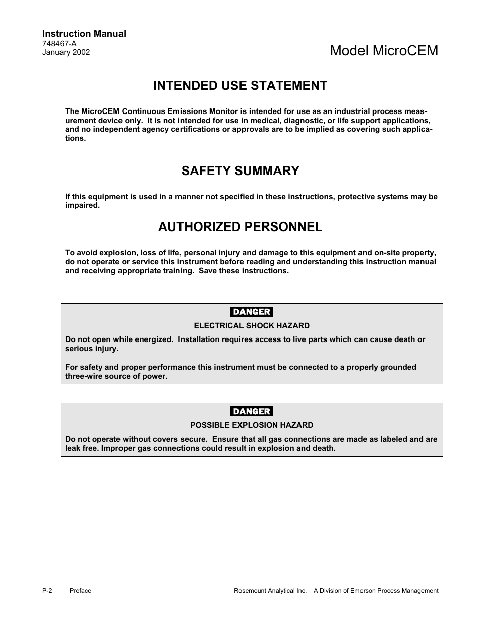 Intended use statement, Safety summary, Model microcem | Authorized personnel | Emerson MicroCEM User Manual | Page 10 / 98