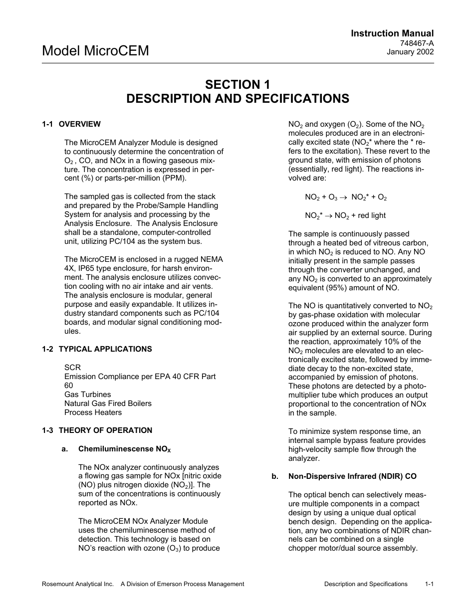 0 description and specifications, 1 overview, 2 typical applications | 3 theory of operation, A. chemiluminescense nox, B. non-dispersive infrared (ndir) co, Description and specifications -1, Overview -1, Typical applications -1, Theory of operation -1 a. chemiluminescense no | Emerson MicroCEM User Manual | Page 15 / 98