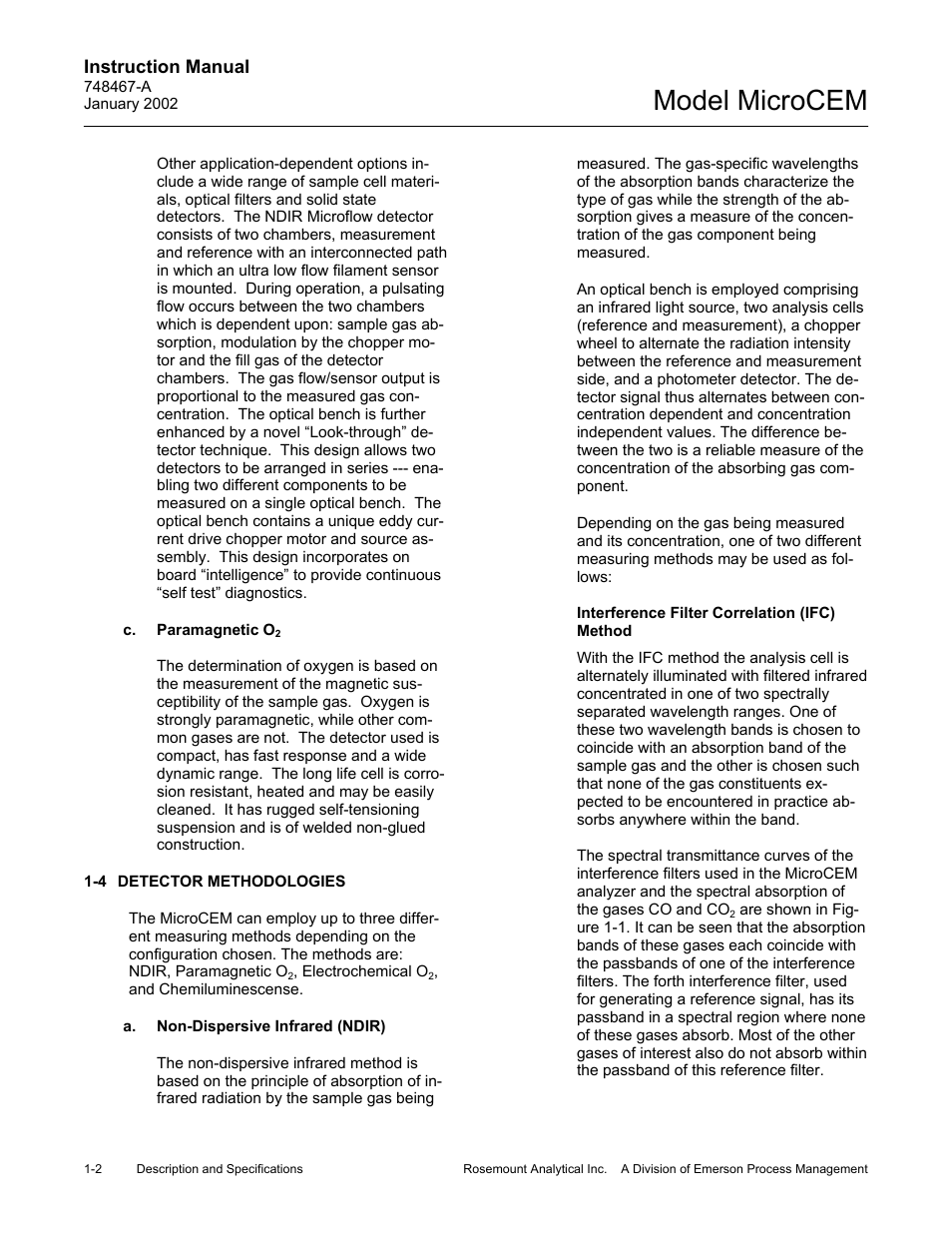 C. paramagnetic o2, 4 detector methodologies, A. non-dispersive infrared (ndir) | Interference filter correlation (ifc), C. paramagnetic o, Model microcem | Emerson MicroCEM User Manual | Page 16 / 98