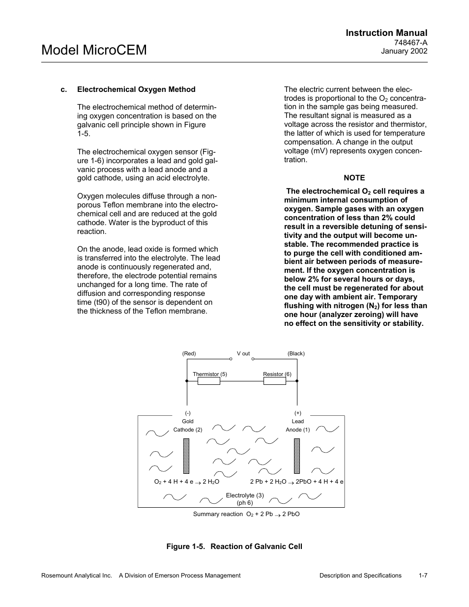 C. electrochemical oxygen method, 5 reaction of galvanic cell, C. electrochemical oxygen method -7 | Figure 1-5, Reaction of galvanic cell -7, Model microcem, Instruction manual | Emerson MicroCEM User Manual | Page 21 / 98