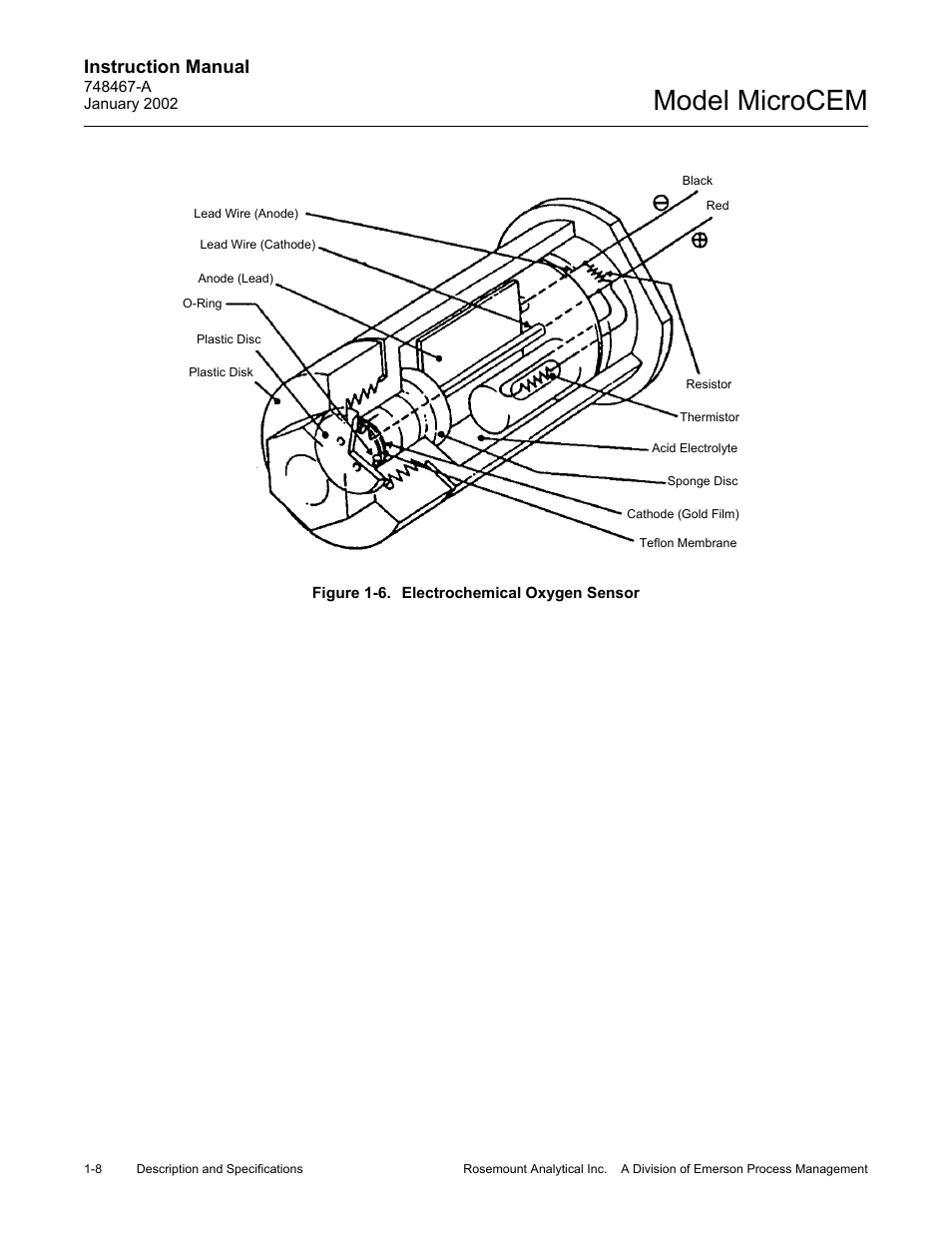 6 electrochemical oxygen sensor, Figure 1-6, Electrochemical oxygen sensor -8 | Model microcem, Instruction manual | Emerson MicroCEM User Manual | Page 22 / 98