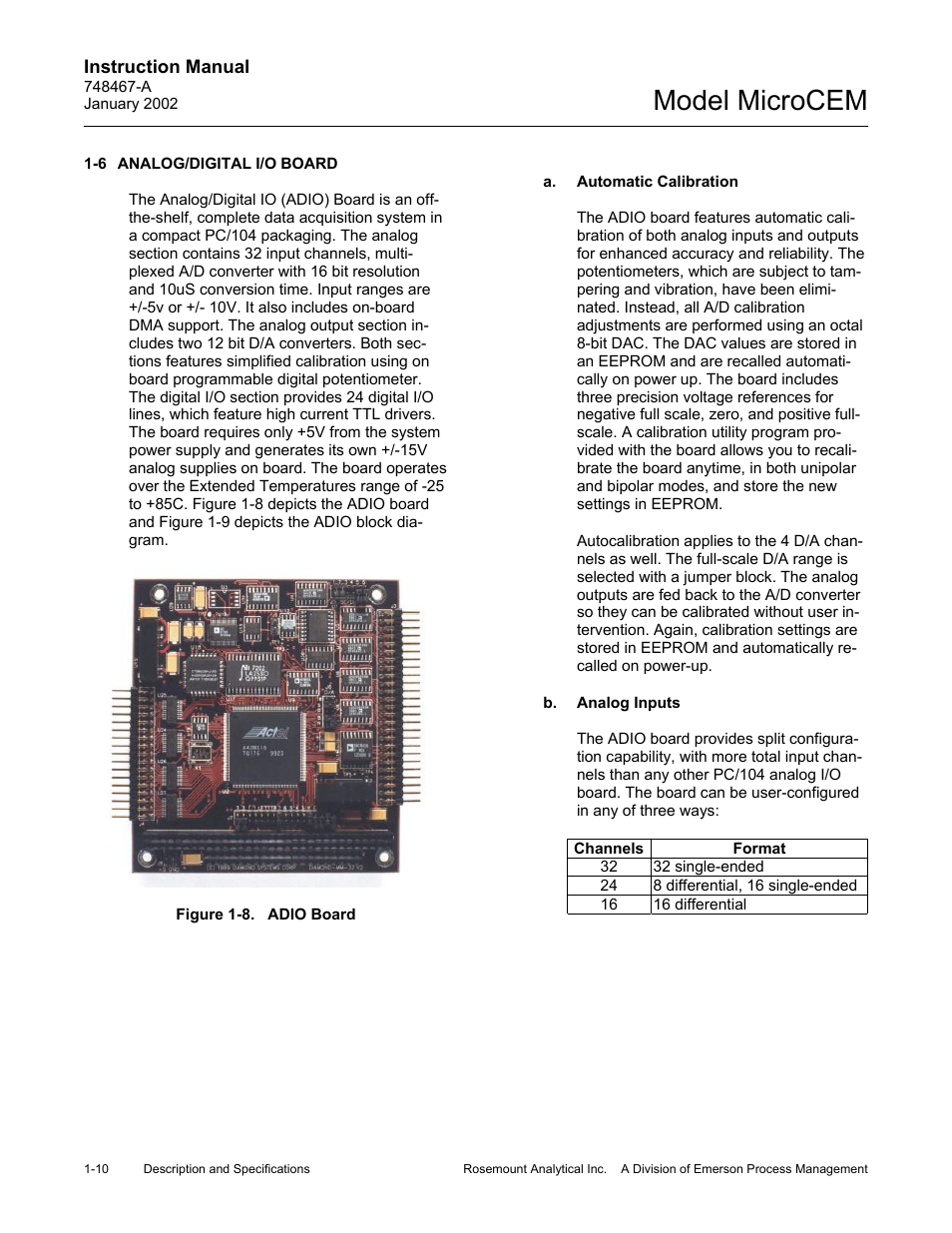 6 analog/digital i/o board, A. automatic calibration, B. analog inputs | 8 adio board, Figure 1-8, Adio board -10, Model microcem | Emerson MicroCEM User Manual | Page 24 / 98