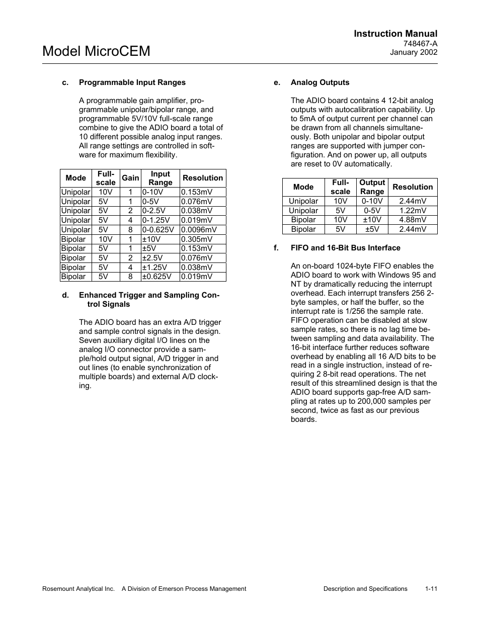 C. programmable input ranges, D. enhanced trigger and sampling control signals, E. analog outputs | F. fifo and 16-bit bus interface, Fifo and 16-bit bus interface -11, Model microcem | Emerson MicroCEM User Manual | Page 25 / 98