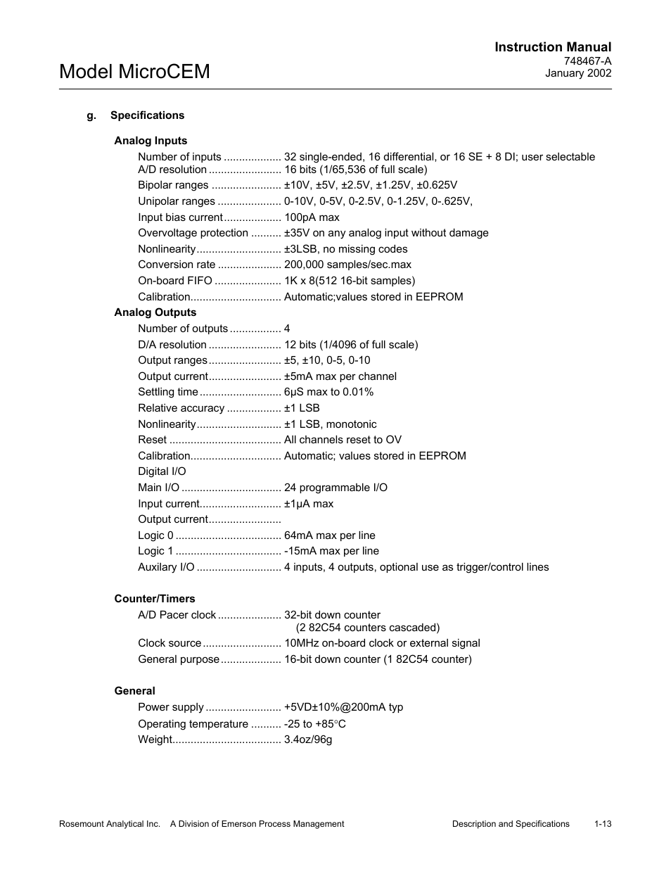 G. specifications, G. specifications -13, Model microcem | Emerson MicroCEM User Manual | Page 27 / 98