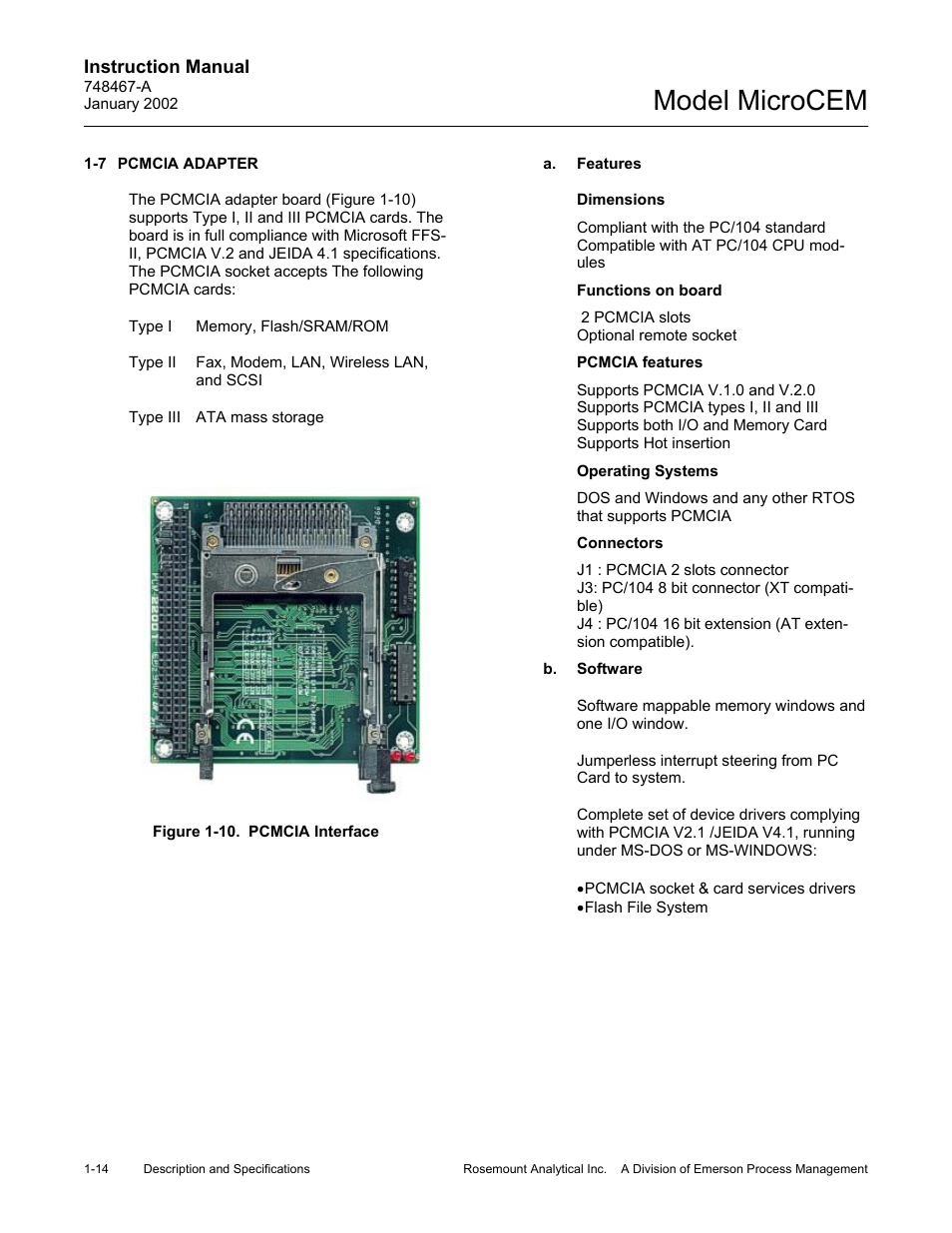 7 pcmcia adapter, A. features, B. software | 10 pcmcia interface, Pcmcia adapter -14 a. features -14 b. software -14, Figure 1-10. pcmcia interface -14, Model microcem | Emerson MicroCEM User Manual | Page 28 / 98