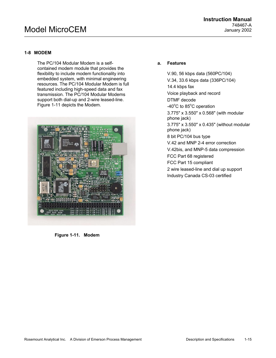 8 modem, A. features, 11 modem | Modem -15 a. features -15, Figure 1-11. modem -15, Model microcem | Emerson MicroCEM User Manual | Page 29 / 98