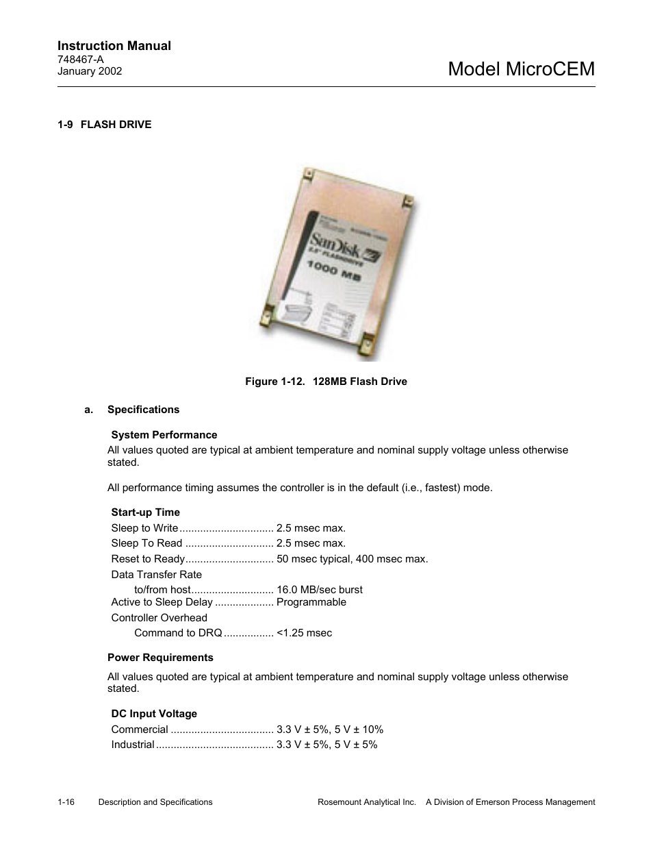 9 flash drive, A. specifications, 12 128mb flash drive | Flash drive -16 a. specifications -16, Figure 1-12. 128mb flash drive -16, Model microcem | Emerson MicroCEM User Manual | Page 30 / 98