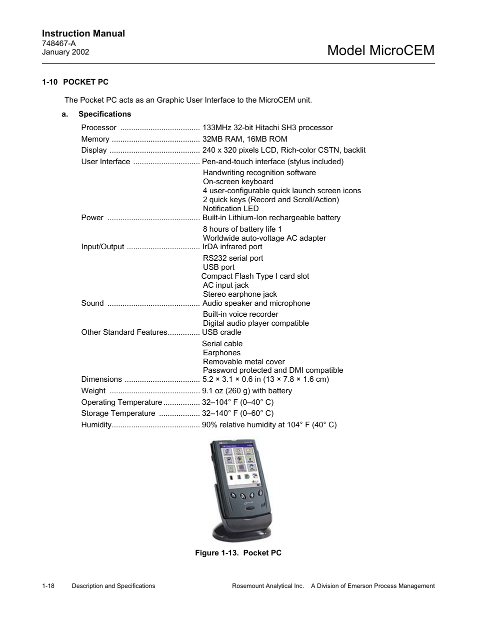 10 pocket pc, A. specifications, 13 pocket pc | Pocket pc -18 a. specifications -18, Figure 1-13. pocket pc -18, Model microcem | Emerson MicroCEM User Manual | Page 32 / 98