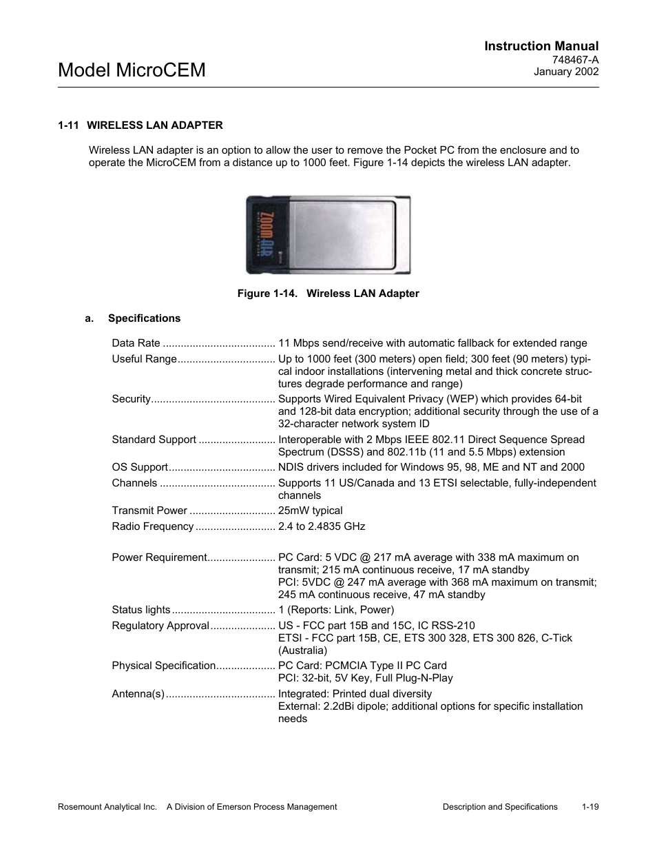 11 wireless lan adapter, A. specifications, 14 wireless lan adapter | Wireless lan adapter -19 a. specifications -19, Figure 1-14. wireless lan adapter -19, Model microcem | Emerson MicroCEM User Manual | Page 33 / 98